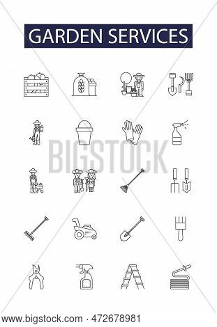 Garden Services Line Vector Icons And Signs. Landscaping, Gardening, Mowing, Pruning, Fertilization,