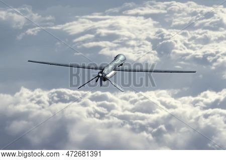 Unmanned Military Drone Flying In The Sky Above The Clouds, American Technology, 3d Render. Concept:
