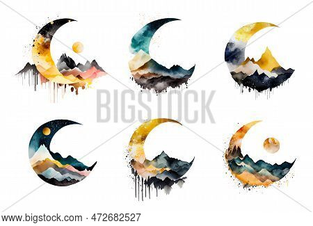 Set Watercolor Vector Illustration Of Muslim Crescent Ramadan Concept