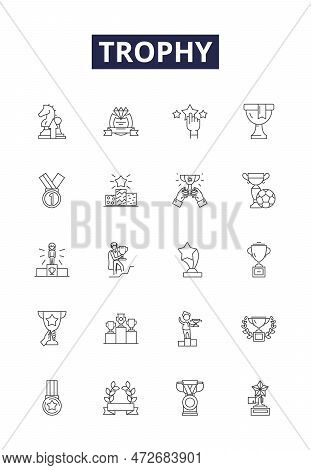Trophy Line Vector Icons And Signs. Prize, Reward, Plaque, Cup, Medal, Accolade, Honor, Badge Outlin