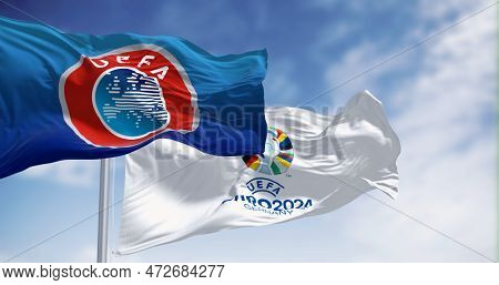 Berlin, De, Feb 2023: Flags Of Euro 2024 And Uefa Fluttering In The Wind. The 2024 Uefa European Foo