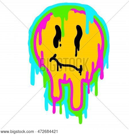 Acid Smile Face. Melted Rave And Techno Symbol Of 90s