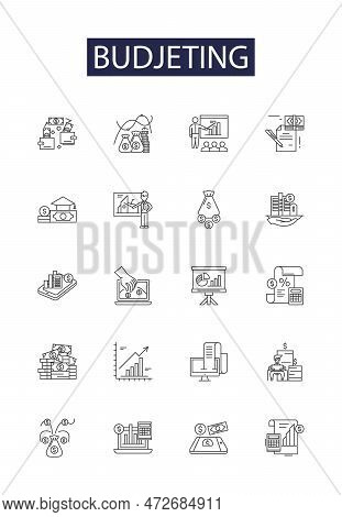 Budjeting Line Vector Icons And Signs. Allocation, Expenses, Costing, Forecasting, Savings, Profits,