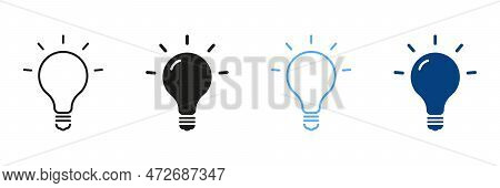 Light Bulb Color Sign Collection. Lamp Silhouette And Line Icon Set. Creative Idea Symbol. Innovatio