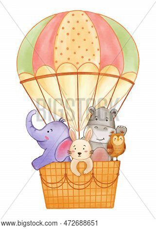 Realistic Watercolor Paint Of Wildlife Animals On Balloon With Paper Textured . Cartoon Character De