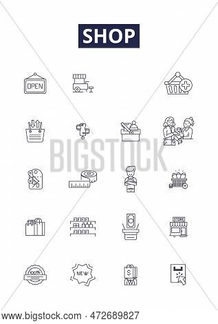 Shop Line Vector Icons And Signs. Boutique, Market, Purchase, Sell, Trade, Trade-in, Shop, Retail Ou