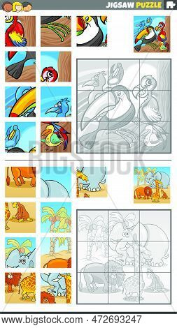 Cartoon Illustration Of Educational Jigsaw Puzzle Games Set With Funny Animal Characters