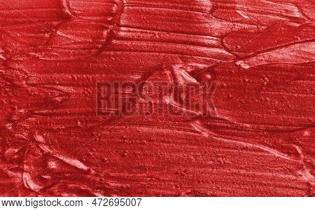 Sample Of Red Glitter Gel With Small Particles, Texture Of Highlighter Cosmetics, Lipstick, Blush