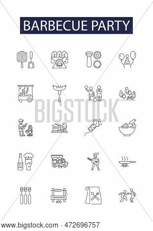 Barbecue Party Line Vector Icons And Signs. Barbecue, Salad, Meat, Picnic, Kebab, Reunion, Fire, Fri