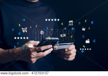 Payment Online Concept. Businessman Using Mobile Phone With Credit Card, Online Banking And Make Pay