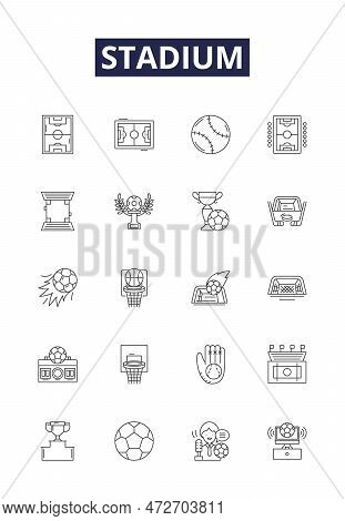 Stadium Line Vector Icons And Signs. Arena, Grounds, Court, Field, Park, Pitch, Parkland, Playground