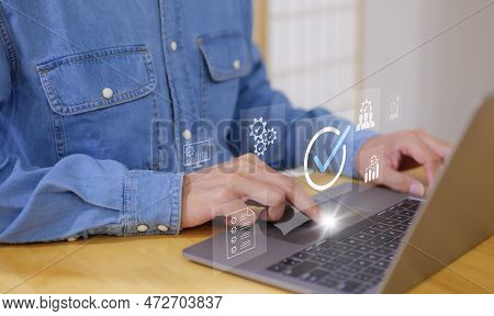 Standard Quality Control Certification Assurance Concept, Businessman Working Checkbox Icon Of Guara