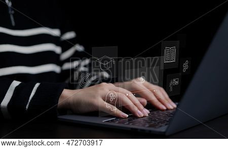 Woman Or Student Using Computer For Elearning, Education Online, Internet Technology Webinar, Online