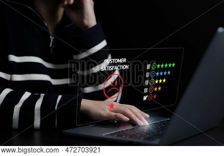 Customer Satisfaction Review Survey Concept. Unhappy Woman With Sad Emotion Face On A Computer Scree