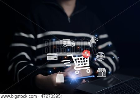Woman Using Smartphone Shopping Online. Shopping Cart And Business Icons With Virtual, Business Deli