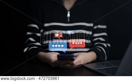Social Media And Digital Online Concept, Woman Using Smartphone With Social Media. Concept Of Living