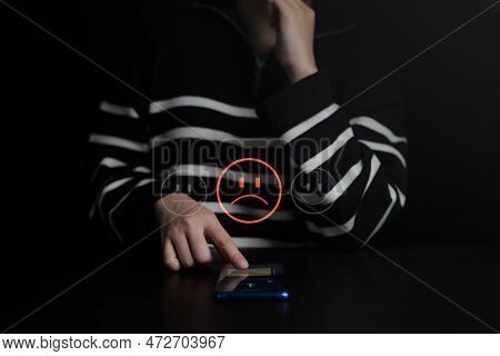 Unhappy Client With Sadness Emotion Face On A Smartphone Screen, Customer Experience Dissatisfied, B
