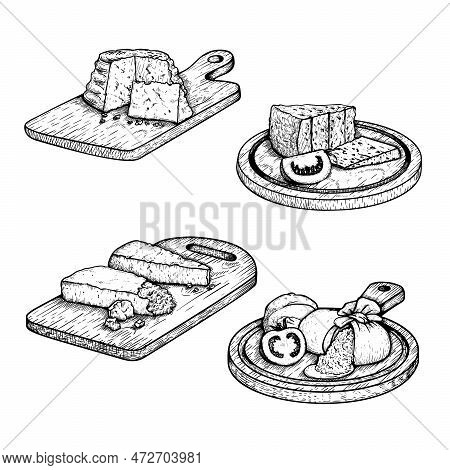Traditional Italian Cheese Set. Ricotta, Burratta, Gorgonzola And Parmesan With Basil Leaves And Tom