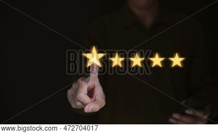 Customer Service Experience And Business Satisfaction Survey, Businessman Touching With A Screen Fiv