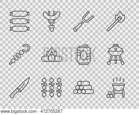 Set Line Meat Chopper, Barbecue Grill, Fork, Grilled Shish Kebab, Sausage, Campfire, Wooden Logs And