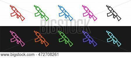 Set Line Submachine Gun Icon Isolated On Black And White Background. Kalashnikov Or Ak47. Vector