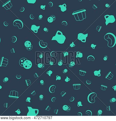 Set Jug Glass With Milk, Jelly Cake, Cookie Chocolate And Steak Meat On Seamless Pattern. Vector