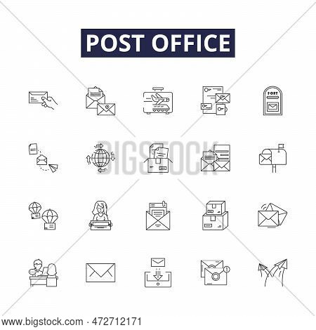 Post Office Line Vector Icons And Signs. Mail, Postman, Courier, Delivery, Stamp, Letter, Package, P