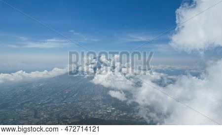 Aerial View Of Mount Sumbing In Indonesia With Noise Cloud. High Quality Photo. Selective Focus. Jav