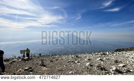 Aerial View Of Mount Sumbing In Indonesia With Noise Cloud. High Quality Photo. Selective Focus. Jav
