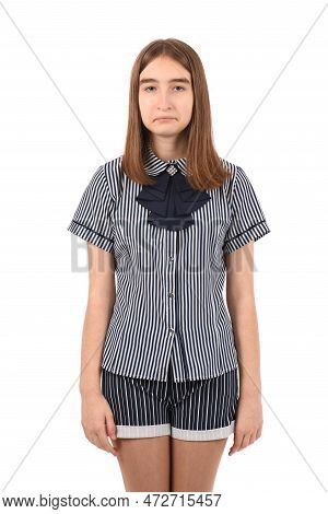 Young Beautiful Girl In A School Uniform On A White Background, Sad Expression Like A Smooth-head Bl