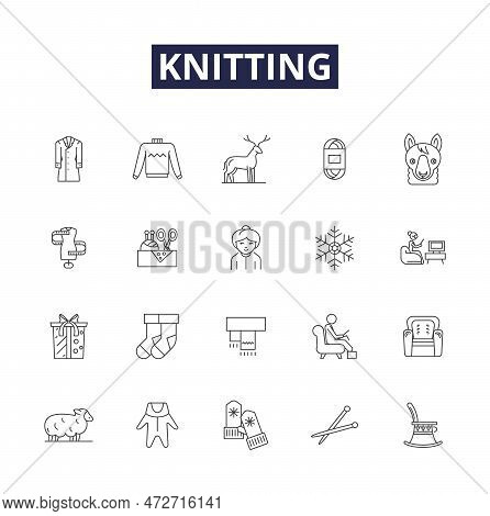 Knitting Line Vector Icons And Signs. Yarn, Pattern, Loom, Crochet, Weave, Wool, Stitch, Purl Outlin