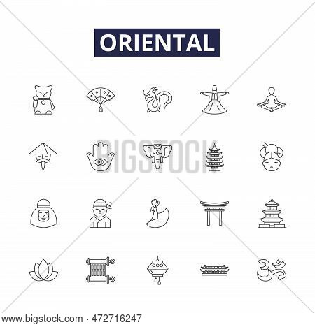 Oriental Line Vector Icons And Signs. Far-east, Asian, China, Japan, India, Southeast, Korea, Mongol