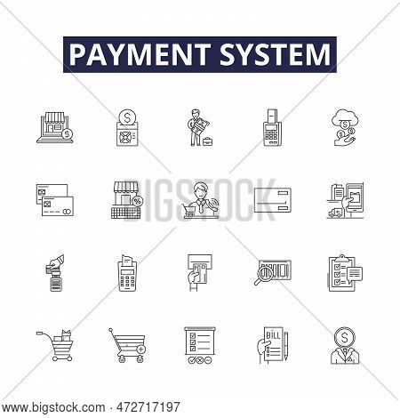 Payment System Line Vector Icons And Signs. System, Transactions, Processing, Gateway, Vendor, Bank,