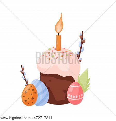 Easter Pie With Colorful Eggs. Easter Cake, Eggs And Willow Twigs. Easter Cake In Cartoon Style Isol