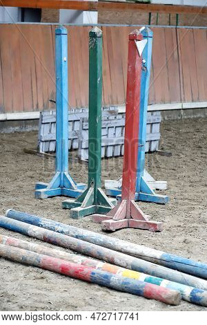 Show Jumping Poles Obstacles, Barriers, Waiting For Riders On Show Jumping Training. Horse Obstacle 