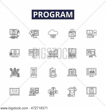 Program Line Vector Icons And Signs. Script, Compile, Run, Execute, Process, Logic, Programmer, Mach