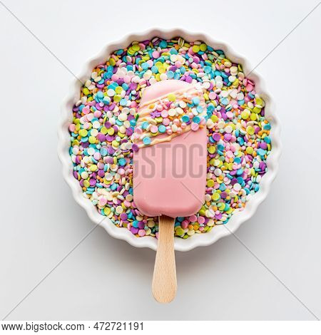 A Homemade Cakesicle In A Bowl Of Pastel Sprinkles. Square Crop