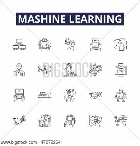 Mashine Learning Line Vector Icons And Signs. Learning, Artificial, Intelligence, Neural, Networks, 