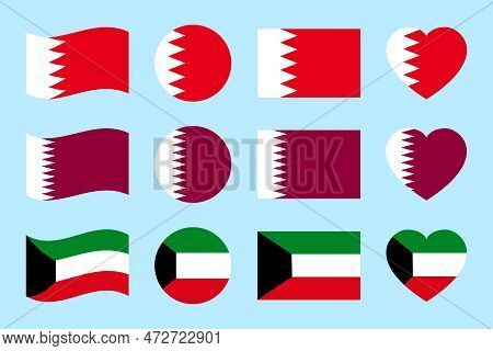 Bahrain, Kuwait, Qatar Flags Vector Illustration. Bahrani, Kuwaiti, Qatari Official Symbols. Isolate