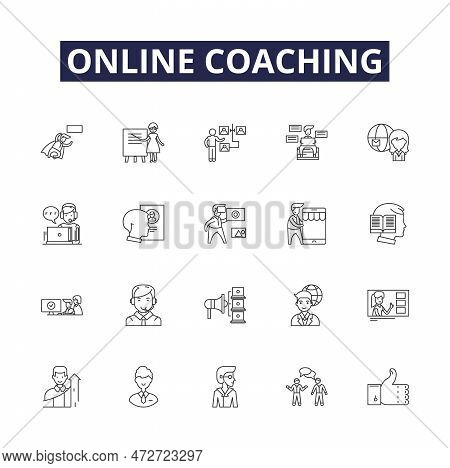 Online Coaching Line Vector Icons And Signs. Coaching, E-learning, Tutoring, Mentoring, Teaching, Tr