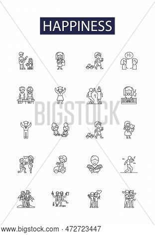 Happiness Line Vector Icons And Signs. Contentment, Bliss, Gratitude, Satisfaction, Cheer, Gladness,