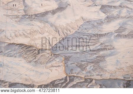 Selective Focus Close Up Of Map Detail Of Mt. Everest Topographical Map Showing Contour Lines, Eleva