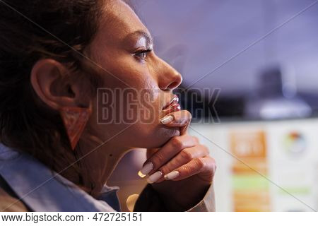Corporate Employee Brainstorming Business Ideas Before Start Working Overhours At Financial Investme