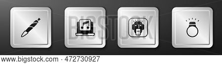 Set Marijuana Joint, Spliff, Laptop With Music, Rapper And Diamond Ring Icon. Silver Square Button. 