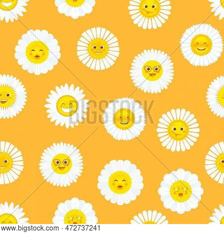 Camomile Smile, Daisy Flowers Seamless Pattern Background, Vector Cartoon Character Faces. Happy Cut