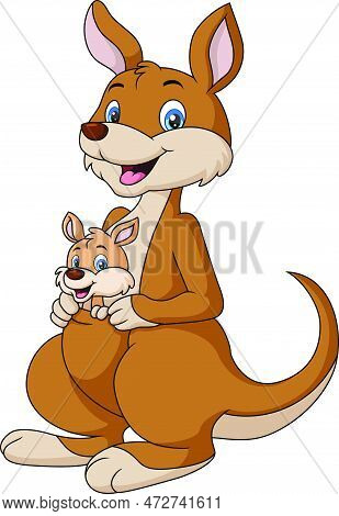 Vector Illustration Of Cute Happy Kangaroos Cartoon With Baby Joey