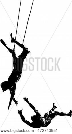 Silhouette Of Circus Artist Acrobat Performance, Line Art Vector Illustration Of Circus Performer Si