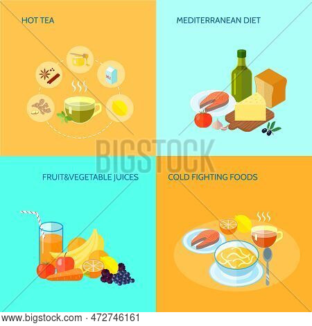 Healthy Food Flat Icons Set With Hot Tea Mediterranean Diet Fruit And Vegetable Juices Cold Fighting