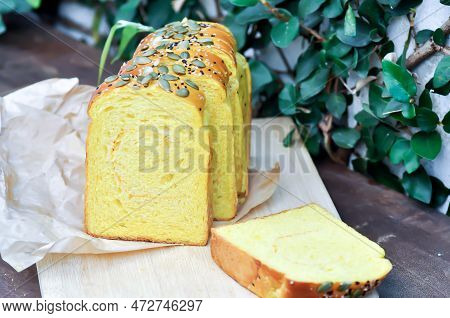 Bread , Pumpkin Bread Or Loaf Of Bread Or Sliced Bread Or Cut Bread With Pumpkin Seed And Sesame Top