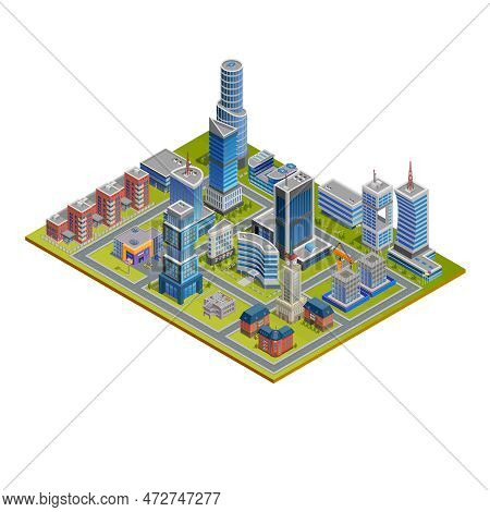 Isometric Cityscape With Skyscrapers Historic And Modern Buildings And Stores On White Background Ve